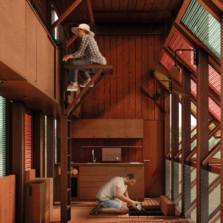 Charred Wooden Shingles and Cross-Laminated Timber Panels Shape a Modern Community Workspace