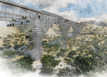 Mixed-use development featuring an inverted tower structure with a glass facade and sustainable landscaping over a riverfront setting  