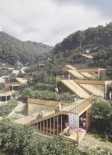 Corten Steel Facades and Cross-Laminated Timber Panels in a Harmonious Community Hub  