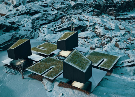 Modular residential habitat featuring aerogel insulation and biophilic design elements in a rugged landscape