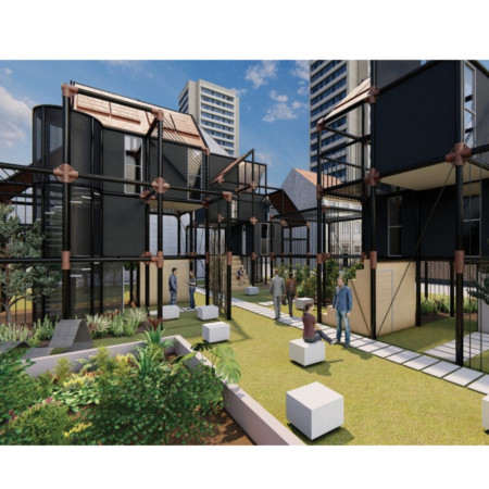 Charred Wooden Shingles and Reclaimed Materials Intertwined in Sustainable Community Space