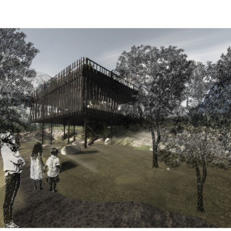 Charred Wooden Shingles Complementing Cross-Laminated Timber Panels in Sustainable Community Space