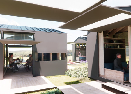 Cedar-Clad Structure with Curved Roof Emphasizing Acoustic Experience and Community Engagement