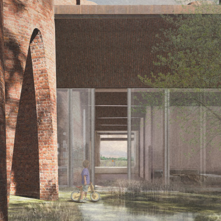Cylindrical Forms of Charred Wood and Earth Tones in Community Living Spaces