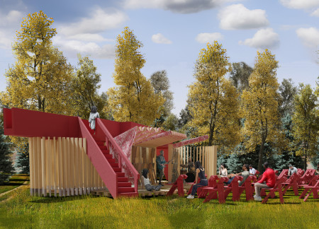 Charred Wooden Shingles and Green Roofs Enhance Community Engagement in a Versatile Urban Space