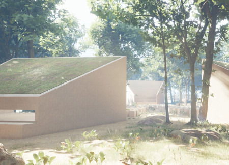 Mixed-use development showcasing cross-laminated timber panels and green roofs in an urban setting  