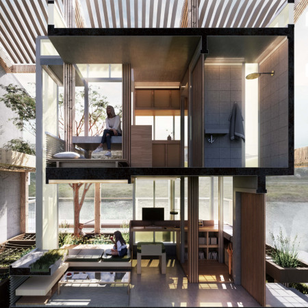 Charred Wooden Shingles Complementing Cross-Laminated Timber Panels in a Multifunctional Urban Space