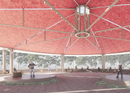 Community Cultural Center with a Red Fabric Roof and Recycled Banners Integrating Natural Timber and Steel Frames