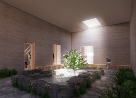 Charred Wooden Shingles and Natural Stone Create Harmonious Community Space