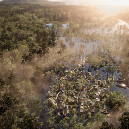 Charred Wooden Shingles and Reinforced Concrete Define a Sustainable Urban Gathering Space