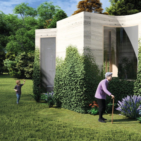 3D Printed Living Spaces Enhanced by Sustainable Wood and Communal Design Features
