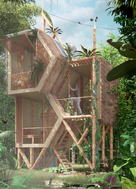 Charred Wooden Shingles and Greenery Integration in a Community-Centric Multipurpose Space