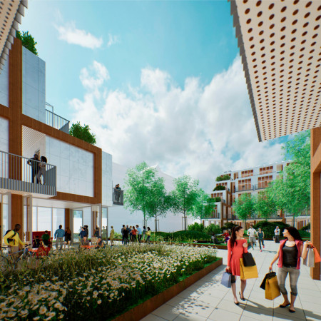 Charred Wooden Shingles and Cross-Laminated Timber Panels Defining Sustainable Community Living  