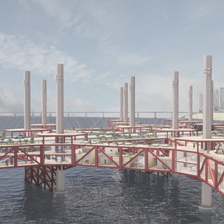 Residential Units Integrated into a Cable-Stayed Bridge with Glass Facades and Sustainable Materials