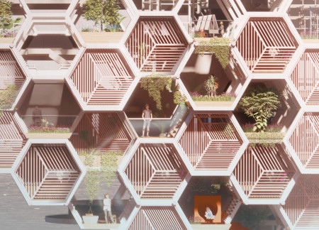 Affordable housing crafted with hexagonal modules and natural materials in an urban bridge setting