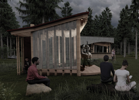 Charred Wooden Shingles and Natural Stone Create an Inviting Community Hub with Flexible Spaces