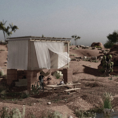 Charred Wooden Shingles and Evaporative Cooling in a Flexible Timber Structure
