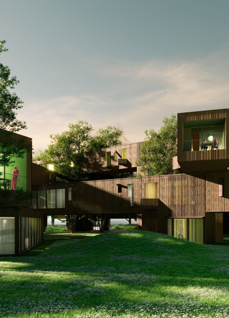 Charred Wooden Shingles and Cross-Laminated Timber Panels Create a Sustainable Community Space