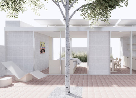A Courtyard Home Featuring Sliding Glass and Concrete Masonry for Enhanced Indoor-Outdoor Living  