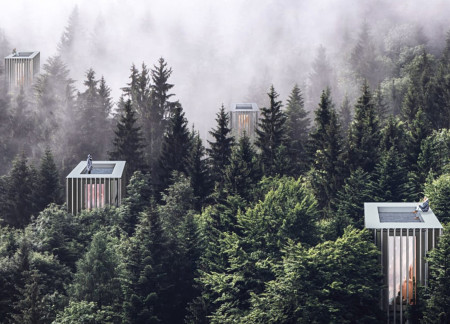 Suspended Living Spaces Featuring Charred Wooden Shingles and Laminated Timber Constructed Within a Forested Setting