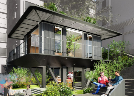 Charred Wood Shingles and Green Roofing Envelop a Versatile Urban Hub  