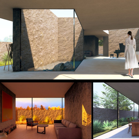 Exploring Light and Texture Through Concrete and Glass in a Harmonious Living Space  