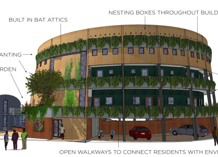 Charred Wooden Shingles and Green Roofs in a Flexible Community Hub  