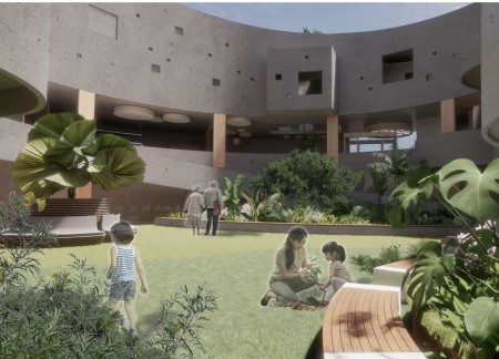 Rooftop Garden and Circular Design Enhanced by Natural Stone and Wood Elements in a Hospice Facility  