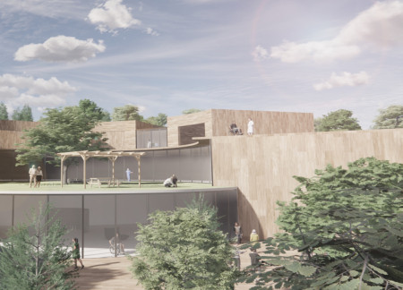 Charred Wooden Shingles and Expansive Glazing in a Multifunctional Community Hub  