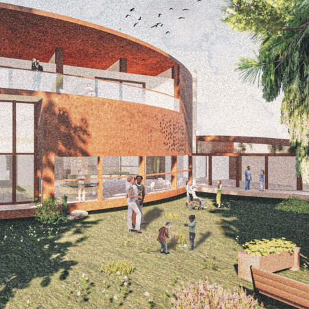 Charred Wooden Shingles and Cross-Laminated Timber Panels in a Community-Centric Mixed-Use Development