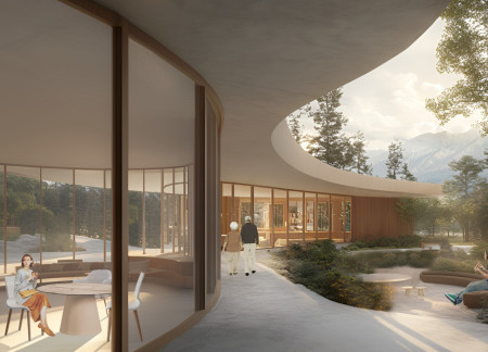 Curved Structures Wrapped in Charred Wooden Shingles and Cross-Laminated Timber Panels for a Healing Environment  