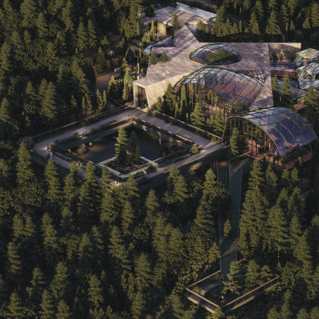 Grotto-Like Serenity Enhanced by Natural Stone and Expansive Glass in a Hospice Facility  