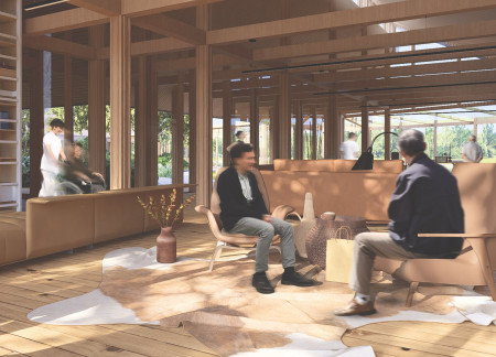 Charred Wooden Shingles and Biophilic Design in a Community-Focused Space