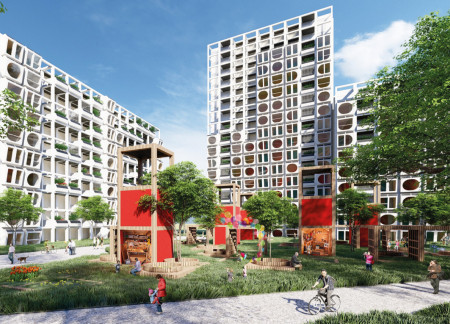 Charred Wooden Shingles and Cross-Laminated Timber Panels in a Multi-Use Urban Development  