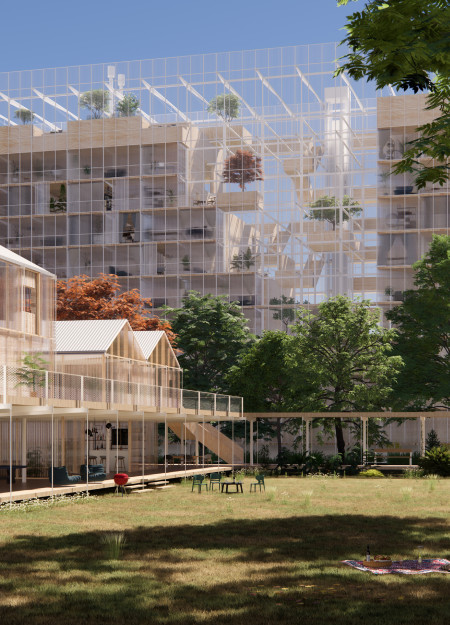 Charred Wooden Shingles and Cascading Green Roofs in a Community-Focused Environment