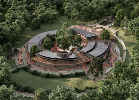 Charred Wooden Shingles and Reinforced Concrete Create a Sustainable Community Hub