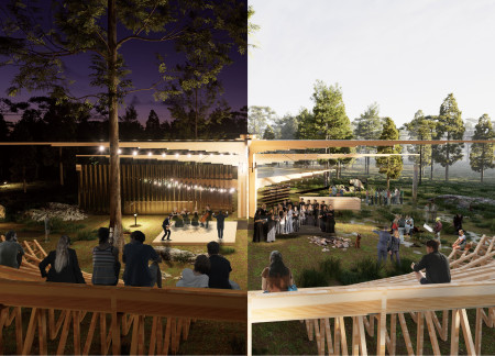 Sculptural Venue of Cross-Laminated Timber and Charred Shingles Embracing Nature  