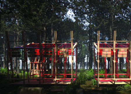 Charred Wooden Shingles and Cross-Laminated Timber Panels in A Harmonious Community Space