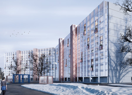 Charred Wooden Shingles and Glass Facades Define Sustainable Community Integration  