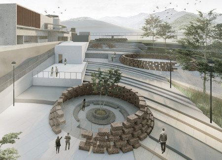 Charred Wooden Shingles and Expansive Glass Facades in a Sustainable Urban Community Hub  