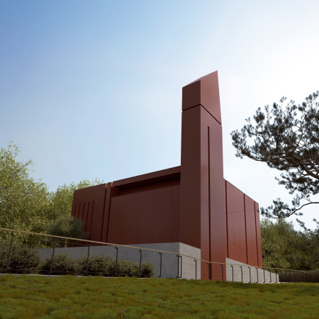 Red Metal Cladding and Warm Wood Accents Define a Contemporary Place of Worship  