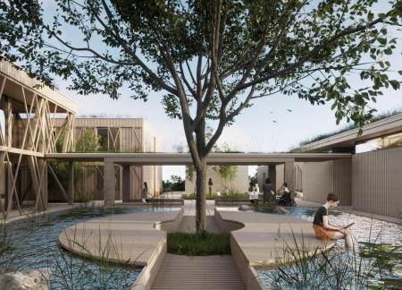 Charred Wooden Shingles Complementing Locally-Sourced Brick in A Multifunctional Community Hub