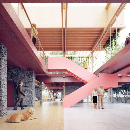 Curvilinear Roof Crafted from Reclaimed Wood Panels Enhancing Community Engagement Spaces