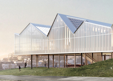 Charred Wooden Shingles and Green Roofs in a Community-Centric Multifunctional Space