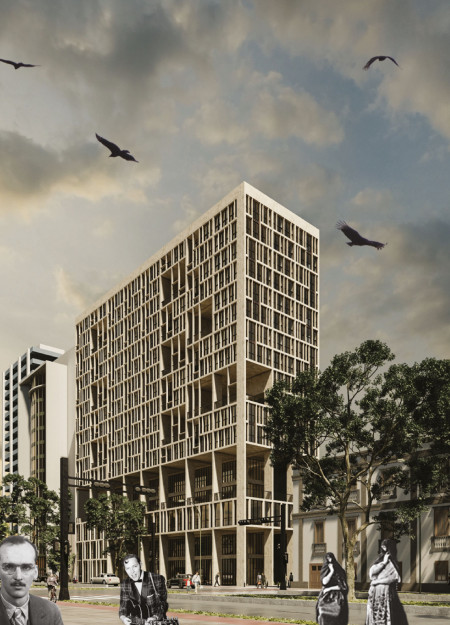 Charred Wooden Shingles and Concrete Facades in a Community-Centric Mixed-Use Development  