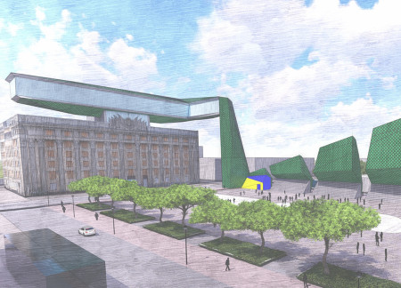 Bioreactor Integration and Community Courtyards Enhanced by Local Stone and Algae Panels  