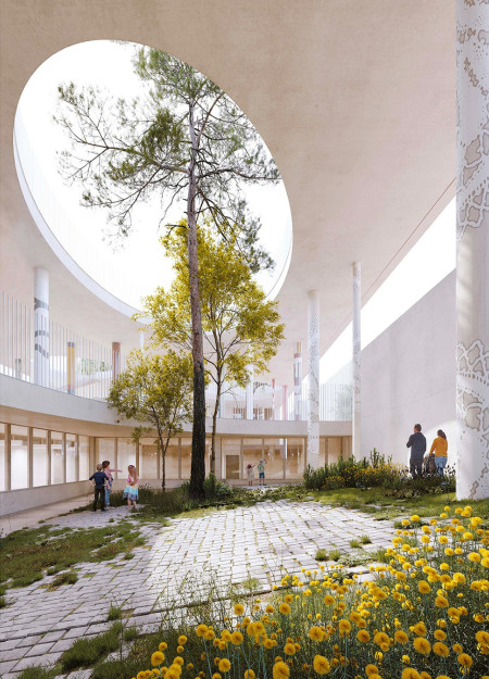 Charred Wooden Shingles and Cross-Laminated Timber Panels in a Cohesive Community Space