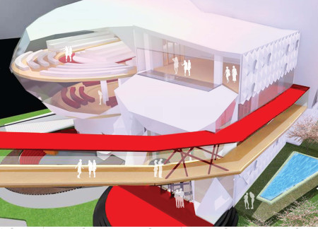 Iridescent Facade Wrapped in Aluminum and Glass Featuring a Rooftop Runway Amidst Urban Fashion Hub