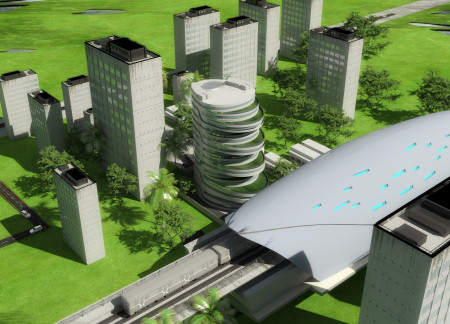 Curvilinear Glass Facade With Green Roof Integration for a Fashion Community Hub