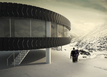 Panoramic Views and Self-Leveling Structure Enhanced by Recycled Rubber Cladding in Sustainable Alpine Shelter